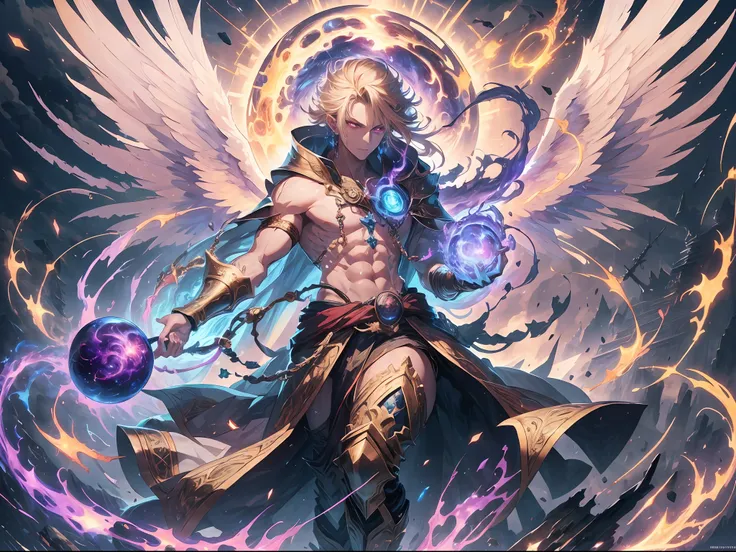 (absurd, high resolution, hyper-detailed, HDR), masterpiece, best quality, a boy in a white robe with a sickle, giant sickle, break, solo, long hair, blonde, red eyes, glowing eyes, fine eyes and detailed face, tall and muscular, bare chest muscles, earrin...