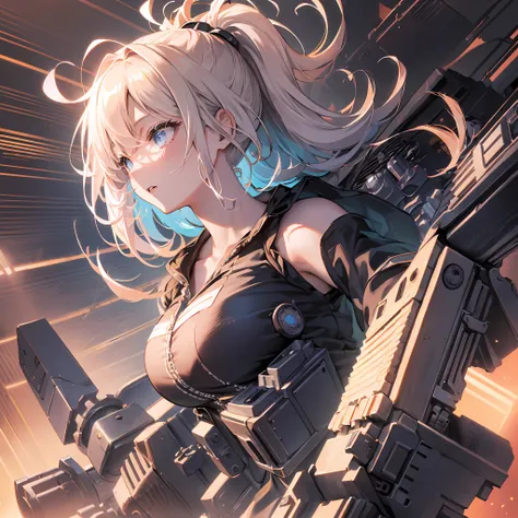 (((heavy equipment girl))),body is heavy machinery, shoulder to excavator, whole body, gradient hair, hair between eyes, ahoge, ...