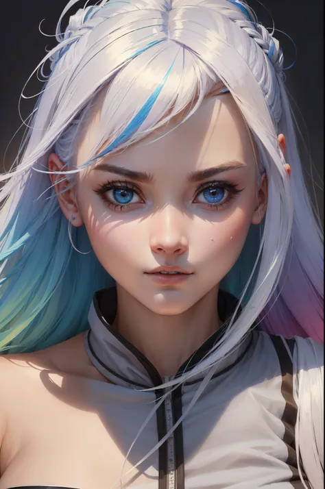 ((high quality, masterpiece:1.4)), 1girl, upper body, gym clothes, white hair, rainbow colored hair, gradient hair, pretty face,...