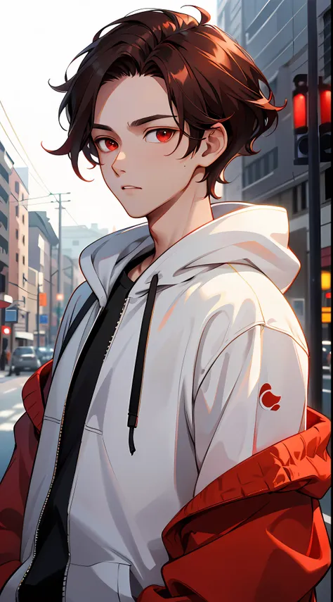 1 boy, handsome boy, brunette hair, comma hair, comma forehead hair, korean hair, street style, hoodie, bright, red eyes, lookin...