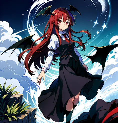 {{koakuma}}, touhou, vest, black skirt, long skirt, red necktie, white shirt, bat wings, masterpiece,white socks,thigh focus,wav...