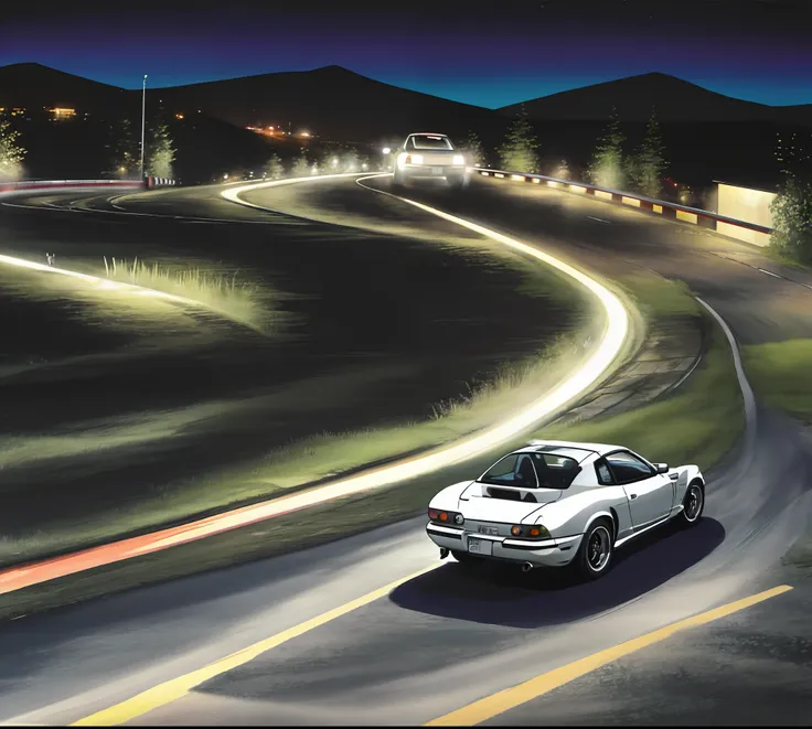 mazda rx7 inital d, driving down a mountain slope at night with the city as a backdrop