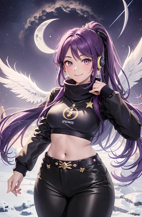 ponytail. longhair. smile, purple hair. earring. divine wings on the back. snow. ski wear. winter clothes. meteor shower. long p...