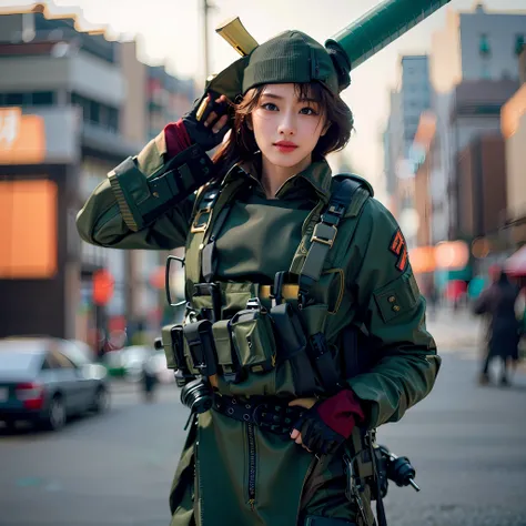 Woman posing in war combat uniform, top quality, high resolution, 8k, girl single, (huge breasts), daytime, bright, outdoor, (street: 0.8), (people, crowd: 1), (medium hair), beautiful detailed sky, beautiful earrings, (dynamic pose: 0.8), (upper body: 1.2...
