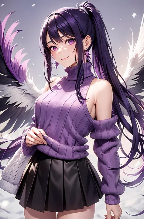 ponytail. longhair. smile, purple hair. earring. divine wings on the back. flip up the skirt. slender body. snow. winter clothes...