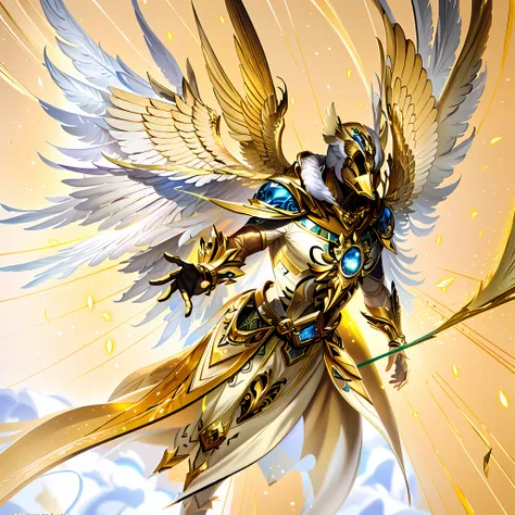 a close up of a person with a bird on a flying object, angelic golden armor, winged archer, armor angle with wing, archangel, bl...