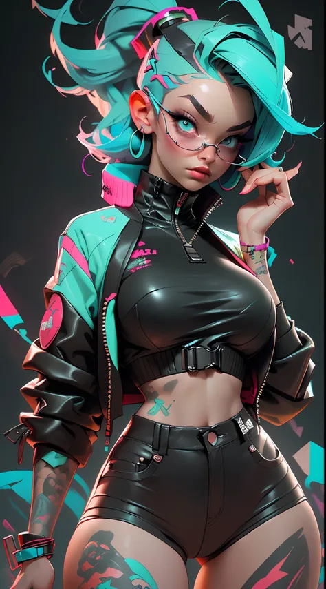 ((best quality)), ((masterpiece)), ((realistic)) and ultra-detailed photography of a 1nerdy girl with goth and neon colors. she ...