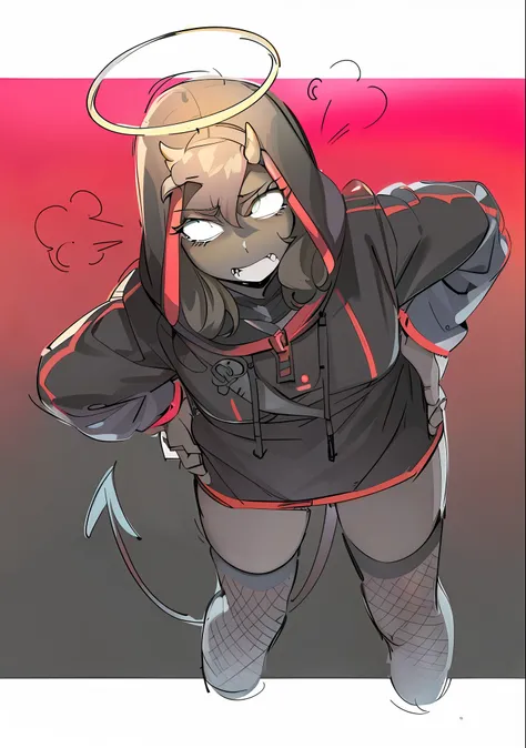 A cartoon cartoon of a girl with a halo on her head, Demongirl Anime, Demon Anime Girl, with bright red eyes, in a sweatshirt, cute Demongirl anime, , in a black sweatshirt, Junko Enoshima from Danganronpa, Cyberpunk anime girl in hoodie