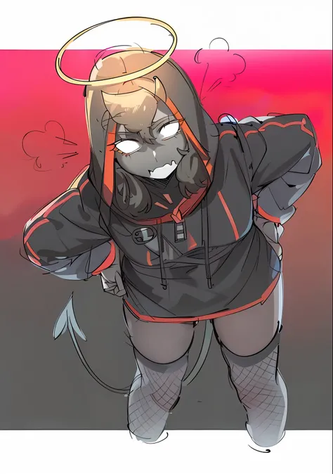 A cartoon cartoon of a girl with a halo on her head, Demongirl Anime, Demon Anime Girl, with bright red eyes, in a sweatshirt, cute Demongirl anime, , in a black sweatshirt, Junko Enoshima from Danganronpa, Cyberpunk anime girl in hoodie