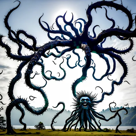 Jungle scenery with dense trees, The monster appears to be comprised of a body made of interwoven thorny branches, body is no like human is like unregular ball, with a shape similar to an octopus. It has eight thin, thorny arms resembling tentacles, each e...