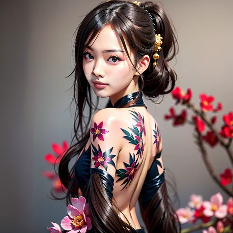 a chinese girl, 18 years old (back orchid tattoo 1.5), (full body picture 1.2), (open back 1.1) beautiful eyes, real face, real ...