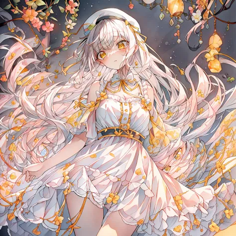 {{best quality}},{llustration},{beautiful detailed eyes},dynamic angle, 1 girl, (masterpiece, best quality:1.2),white hair,yello...