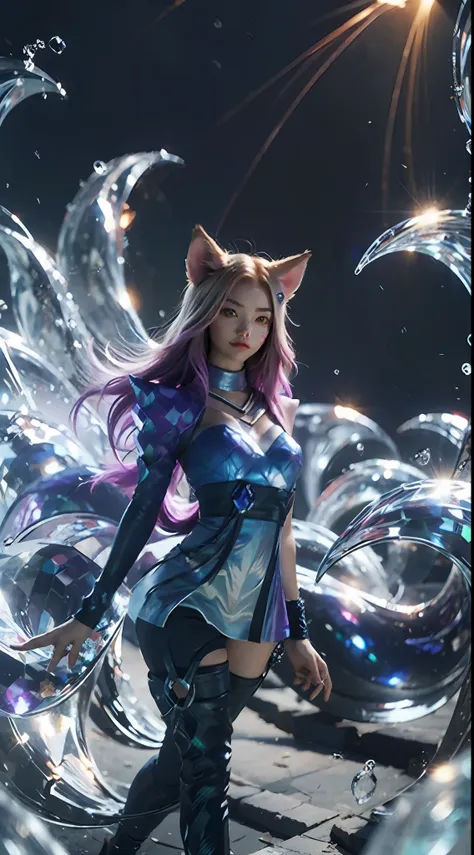 1 girl, fox, fox \ (league of legends), k/da \ (league of legends), animal ears, face markings, fox ears, fox tail, orange eyes,...