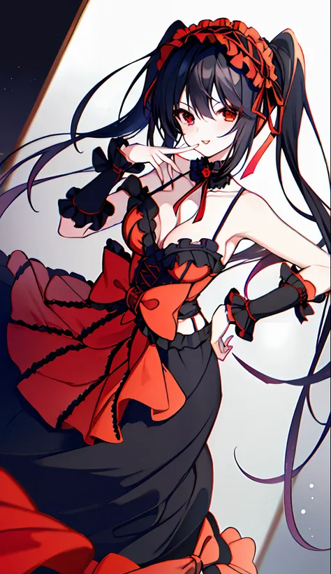 18 Year Old Beautiful Girl, Masterpiece, Top Quality, 8K Anime, 1 Girl, Solo, Detailed Fingers, Precise Fingers, Non-Unnatural Hands, Odd Eye, Red Eyes, Cleavage, Black Hair Twin Tails, Kurumi Tokizaki