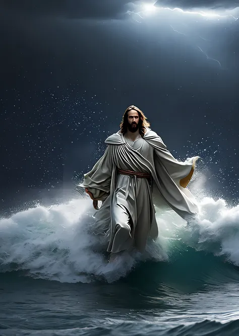 jesus christ walking on water in a storm, waves, soft expression, dark sky with lightning, lightning, photo realism, masterpiece...