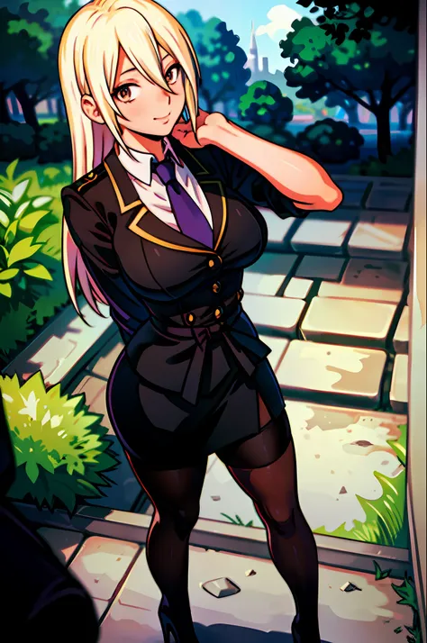 masterpiece, best quality, 1girl, young girl, brown eyes, long blonde hair, happy smile, shiny skin, (nice leg line: 1.3), thick thighs, thin waist, huge breasts
BREAK
school uniform, tie, ((pencil skirt), pantyhose, high heels
BREAK
park, crowd look surpr...