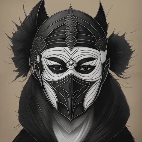 model of black cloth mask with white lines in the eyes and mouth