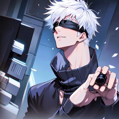 short white hair, blue eyes, blindfolded, charming, lonely, black clothes, high and cold