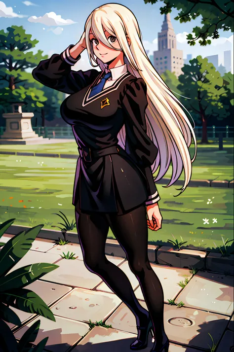 masterpiece, best quality, 1girl, young girl, brown eyes, long blonde hair, happy smile, shiny skin, (nice leg line: 1.3), thick thighs, thin waist, huge breasts
BREAK
school uniform, tie, ((pencil skirt), pantyhose, high heels
BREAK
park, crowd look surpr...
