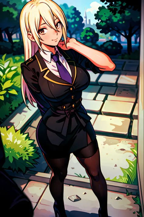 masterpiece, best quality, 1girl, young girl, brown eyes, long blonde hair, happy smile, shiny skin, (nice leg line: 1.3), thick thighs, thin waist, huge breasts
BREAK
school uniform, tie, ((pencil skirt), pantyhose, high heels
BREAK
park, crowd look surpr...