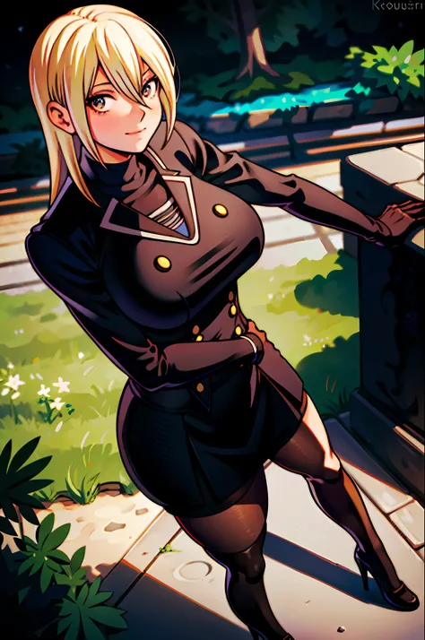 masterpiece, best quality, 1girl, young girl, brown eyes, long blonde hair, happy smile, shiny skin, (nice leg line: 1.3), thick thighs, thin waist, huge breasts
BREAK
school uniform, tie, ((pencil skirt), pantyhose, high heels
BREAK
park, crowd look surpr...