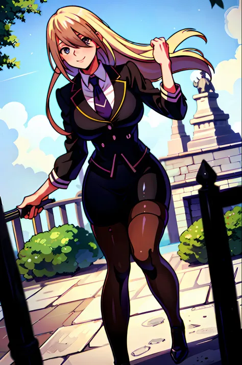 masterpiece, best quality, 1girl, young girl, brown eyes, long blonde hair, happy smile, shiny skin, (nice leg line: 1.3), thick thighs, thin waist, huge breasts
BREAK
school uniform, tie, ((pencil skirt), pantyhose, high heels
BREAK
park, crowd look surpr...