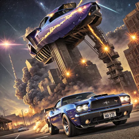 a painting of a boss muscle car,  (masterpiece, best quality), particle effects, epic explosion background, vivid, hdr, night ti...