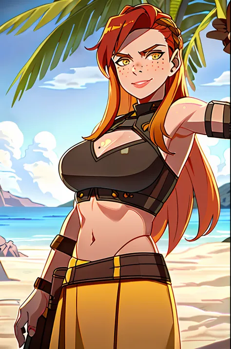 vox machina style, (very detailed background:1.5), outdoors, tropical desert, sandy jungle,
1girl, solo, aloy, yellow eyes, freckles, long hair, confident smirk, red hair, cloud, portrait, lips, sky, parody, orange hair, cloudy sky, outdoors, big breasts, ...