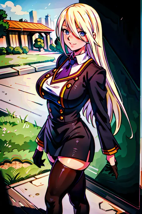 masterpiece, best quality, 1girl, young girl, brown eyes, long blonde hair, happy smile, shiny skin, (nice leg line: 1.3), thick thighs, thin waist, huge breasts
BREAK
school uniform, tie, ((pencil skirt), pantyhose, high heels
BREAK
park, crowd look surpr...