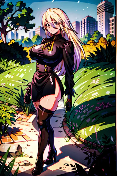 masterpiece, best quality, 1girl, young girl, brown eyes, long blonde hair, happy smile, shiny skin, (nice leg line: 1.3), thick thighs, thin waist, huge breasts
BREAK
school uniform, tie, ((pencil skirt), pantyhose, high heels
BREAK
park, crowd look surpr...