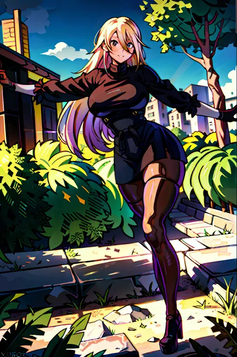 masterpiece, best quality, 1girl, young girl, brown eyes, long blonde hair, happy smile, shiny skin, (nice leg line: 1.3), thick thighs, thin waist, huge breasts
BREAK
school uniform, tie, ((pencil skirt), pantyhose, high heels
BREAK
park, crowd look surpr...