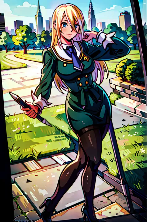 masterpiece, best quality, 1girl, young girl, green eyes, long blonde hair, happy smile, shiny skin, (nice leg line: 1.3), thick thighs, thin waist, huge breasts
BREAK
school uniform, tie, ((pencil skirt), pantyhose, high heels
BREAK
park, crowd look surpr...