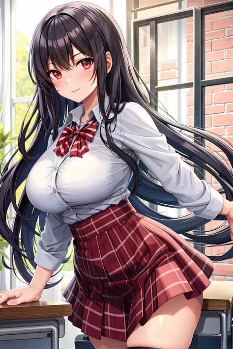 High school girl in white blouse and red checked skirt, red checked skirt, long black hair untied, pinched eyes, long lashes, well-styled and rather large breasts, white underwear and skirt rolled up, posing emphasizing big breasts, naughty large breasts, ...