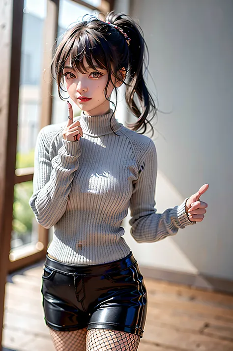 1girl,masterpiece,highest quality,futao (genshin impact),butao,ponytail,brunette,solo,symbol pupil,long hair, finger heart, bang...