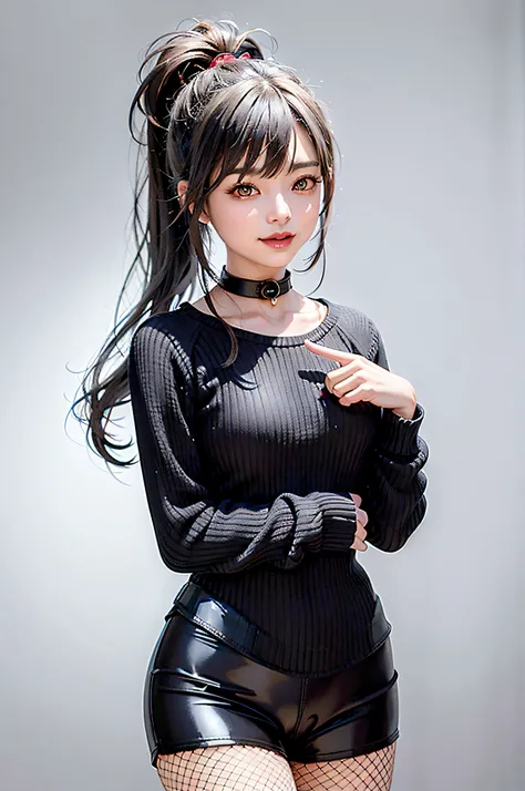 1girl,masterpiece,highest quality,futao (genshin impact),butao,ponytail,brunette,solo,symbol pupil,long hair, finger heart, bangs, black shorts,(highly detailed CG unity 8k wallpaper), (masterpiece), (top quality), (super detailed), (best illustration), (b...