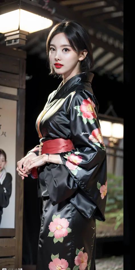 (black kimono:1.2),(japanese clothes:1.2),(floral print),(long sleeves),1 girl,full body,(short hair),(realistic:1.7),((best quality)),absurdres,(ultra high res),(photorealistic:1.6),photorealistic,octane render,(hyperrealistic:1.2), (photorealistic face:1...
