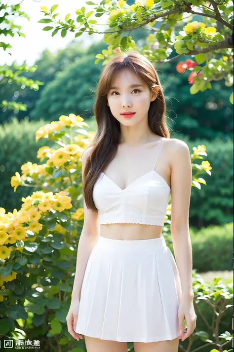 (Best quality, masterpiece: 1.2), portrait, breasts, outdoors, 25-year-old woman in the garden: 2, white miniskirt, (pale yellow flower chaos in background: 1.3), backlight: 1.7, rich skin details: 1.8,