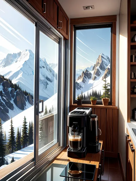 coffee machine in kitchen, mountains outside window