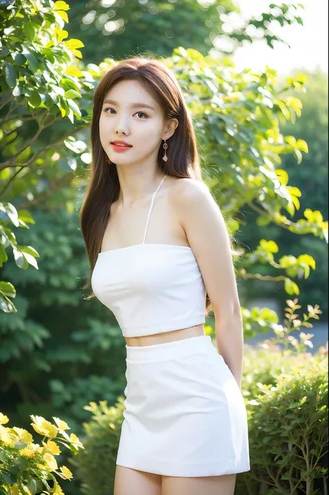 (Best quality, masterpiece: 1.2), portrait, breasts, outdoors, 25-year-old woman in the garden: 2, white miniskirt, (pale yellow flower chaos in background: 1.3), backlight: 1.7, rich skin details: 1.8,