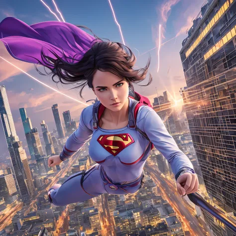 set against the backdrop of an apocalyptic city, a young woman flies through the air like superman, the woman wears a purple dot...