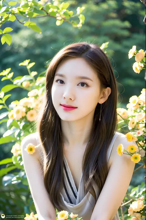 (Best quality, masterpiece: 1.2), portrait, breasts, outdoors, 25-year-old woman in the garden: 2, white miniskirt, (pale yellow flower chaos in background: 1.3), backlight: 1.7, rich skin details: 1.8,