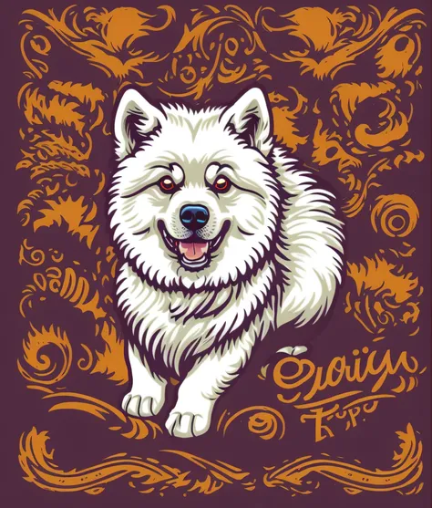 american eskimo breed dog, colorful, vintage style, (t-shirt design), realistic volumetric light of masterpiece