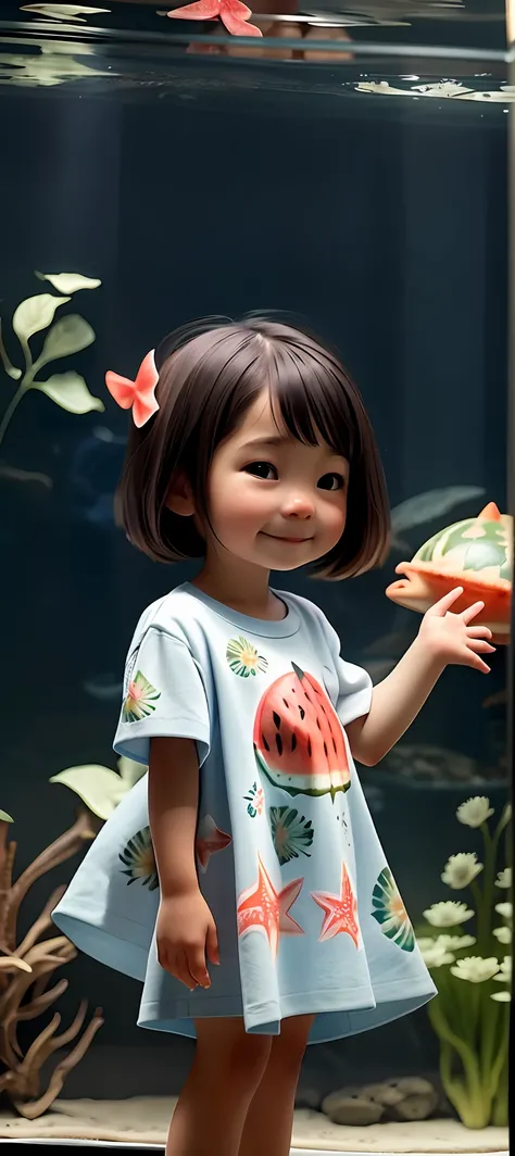 There is a little girl standing in front of the aquarium glass with big sea star turtle shark in the background, 2 year old girl in Asia, aquarium, (wearing a short sleeve with watermelon printed on the chest), smiling, hand to V