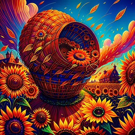 wide angle graffiti of a peasant woman holding a basket from which (thousands of sunflowers) flying and falling from the sky, (swirl of sunflowers) emerging from a peasant womans basket, grotesque, ful body shot, cinematic lighting, high resolution, insane...