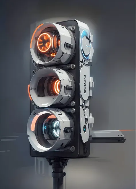 a white plastic producr design of traffic lights with three orange lights, (masterpiece), (best quality), photorealistic, 8k raw photo, ultra high res, mechanics, mechanical parts, product photo, studio shot, complex lighting, dark grey background studio