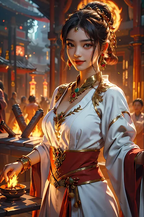 Best Quality, Masterpiece, Ultra High Resolution, (Realistic: 1.4) 1 Girl, beautiful_face, Smile, Delicate Skin, Full Body, Jade Fire Tree, Jewelry, Solo, Earrings, (Fire: 1.3), Blur, Realistic, Lips,