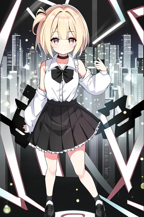best quality, ultra high res, 1girl, sleeveless white button shirt, black skirt, black choker, cute, (Kpop idol), (aegyo sal:1), (platinum blonde hair:1), ((puffy eyes)), looking at viewer, full body, facing front
