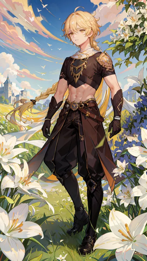 absurdres, masterpiece, best quality, ultra-detailed illustration, (1male:1.3), absurdres high detailed face, blonde boy, braid hairstyle, brown clothes, crop top, standing in a flower field with white lilies, lots of white flowers on background and foregr...