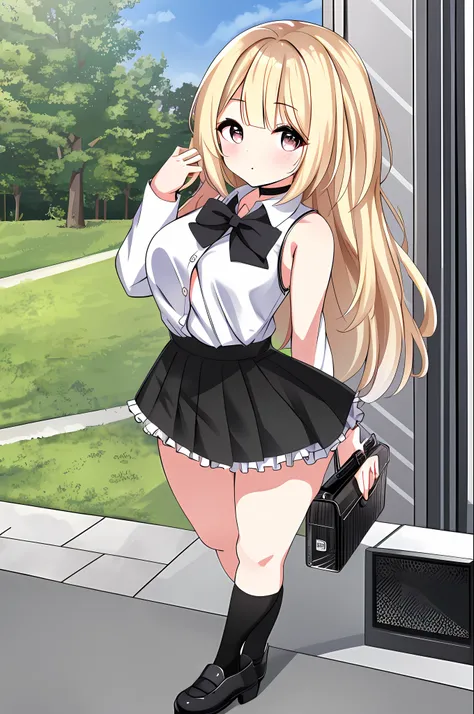 best quality, ultra high res, 1girl, sleeveless white button shirt, black skirt, black choker, cute, (Kpop idol), (aegyo sal:1), (platinum blonde hair:1), ((puffy eyes)), looking at viewer, full body, facing front