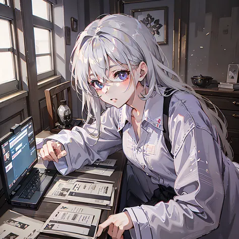 ((7.5k, best image quality, epic lens :1.3)), a man with white hair and gray eyes, a face with super high detail, extremely delicate eyes, epic exquisite character art, not so bright lights on in a dim room, lying next to the desk to write homework, the ro...